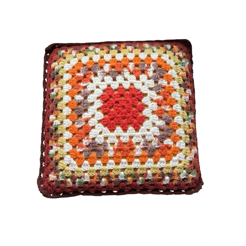 Vintage Throw Pillow Handmade Crochet Knit Boho Granny orange brown‎ & red 13.5